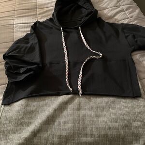 Black Tunic Hoodie with Patterned Drawstrings
